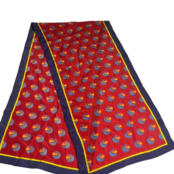 Handmade 100% Silk Red Scarf With Multicolor Design & Yellow Border 52X13.5 - Picture 1 of 6